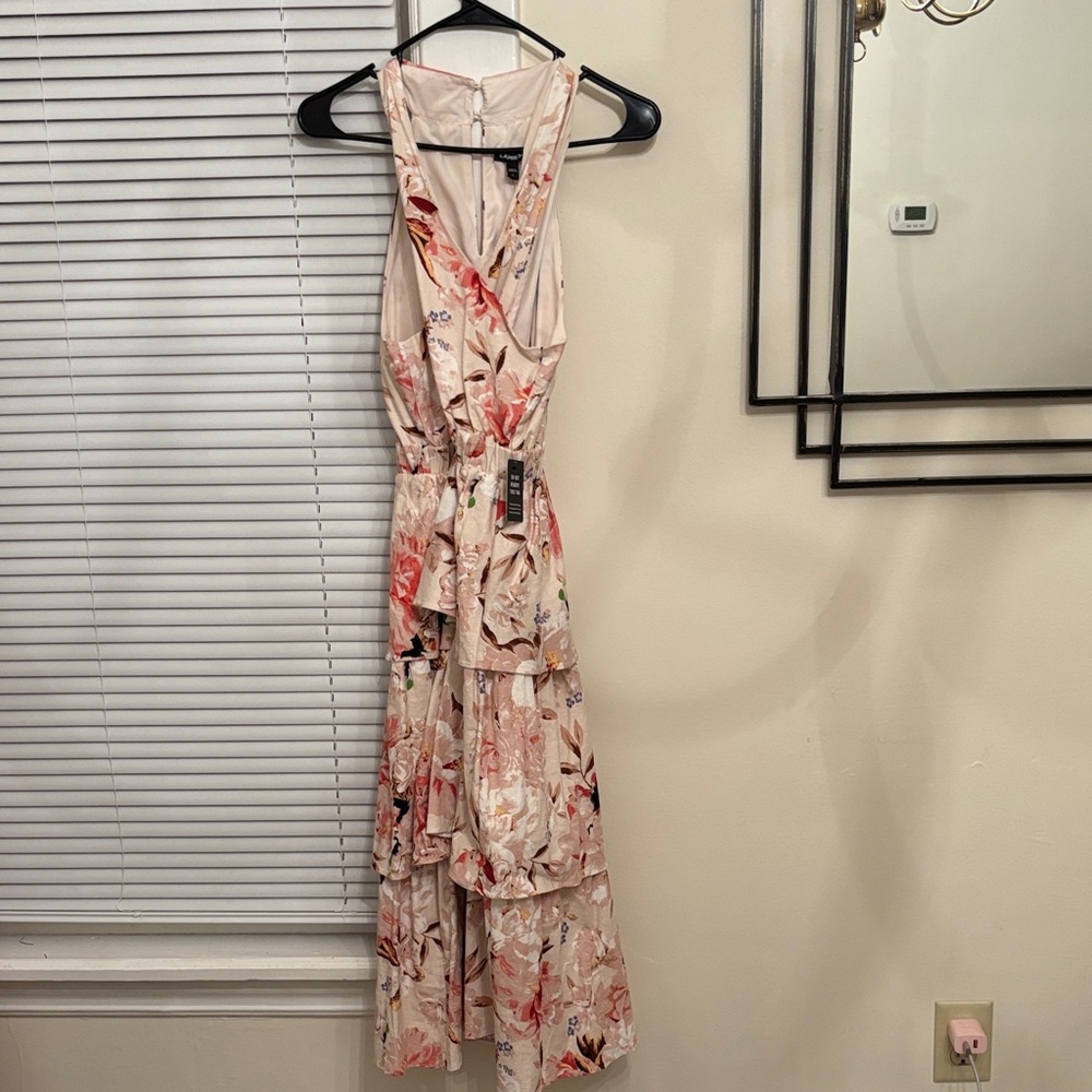 Elegant Floral midi halter neck Dress - Cream and Pink